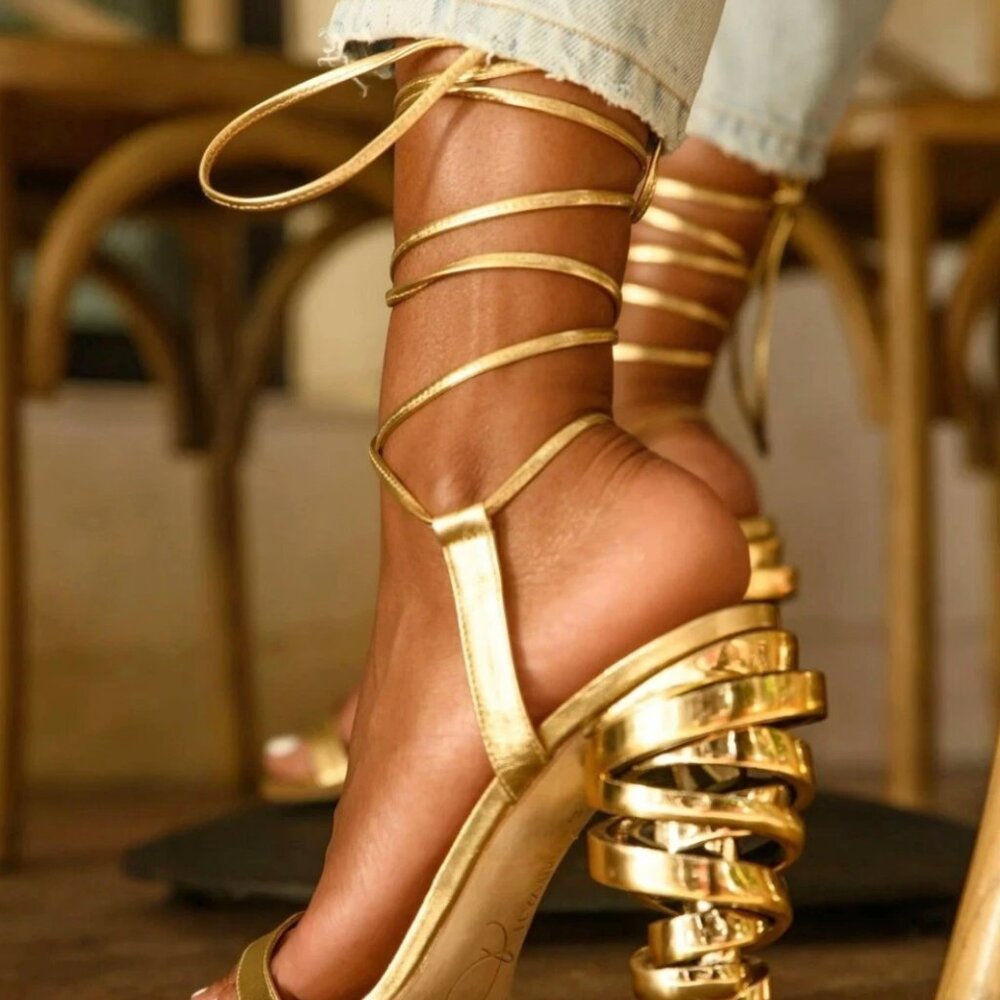Keeyahri Gold Tamu Ankle Wrapped High Heels Sandals Size 37.5 US 7 Made in Italy